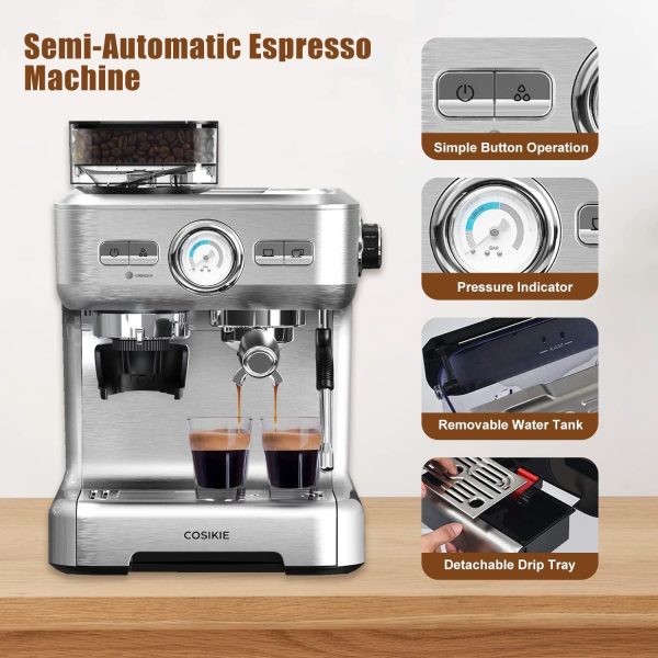 Espresso Machine with Grinder, Semi Automatic Espresso Machine with Steamer Milk Frother, COSIKIE All in One Espresso Coffee Machines 20 Bar, Home Barista Cappuccino Coffee Maker, Gifts for Her or Him - Image 5