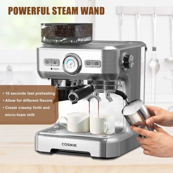 Espresso Machine with Grinder, Semi Automatic Espresso Machine with Steamer Milk Frother, COSIKIE All in One Espresso Coffee Machines 20 Bar, Home Barista Cappuccino Coffee Maker, Gifts for Her or Him - Image 3