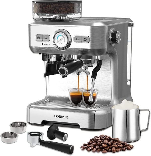 Espresso Machine with Grinder, Semi Automatic Espresso Machine with Steamer Milk Frother, COSIKIE All in One Espresso Coffee Machines 20 Bar, Home Barista Cappuccino Coffee Maker, Gifts for Her or Him