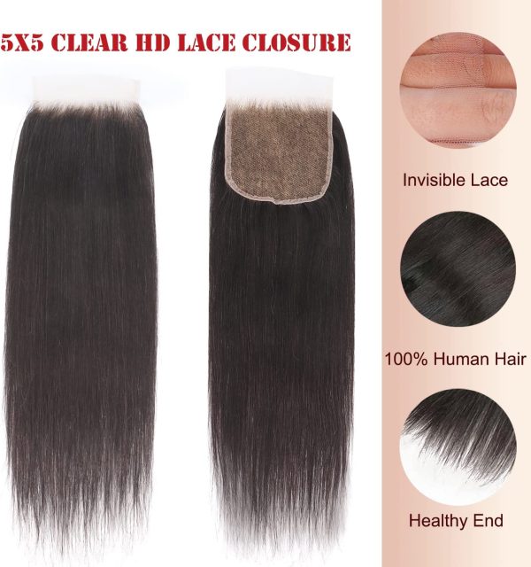 Docrit Clear 5x5 HD Lace Closure, Bleached Knots Hd Closure Undetectable Transparent Lace Closure Human Hair 0.11 mm Thin 5x5 Closure Pre Plucked Lace Closure Invisible Knots Straight Closure 14 Inch - Image 4