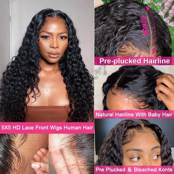 aliluner Deep Wave Lace Front Wigs Human Hair Pre Plucked with Baby Hair 5x5 HD Lace Closure Human Hair Wigs for Black Women 150% Density Natural Color 22 Inch - Image 3