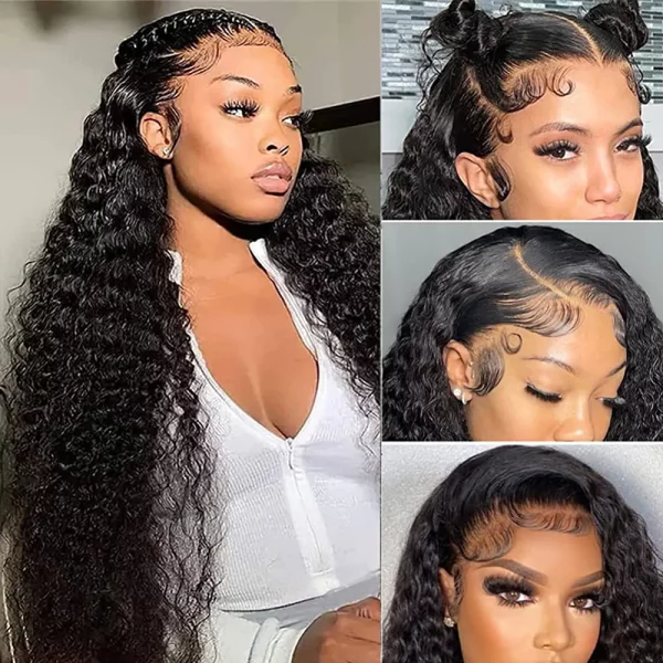 aliluner 30 inch Lace Front Wig Human Hair Deep Wave Pre Plucked Glueless 5x5 HD Lace Closure Human Hair Wigs for Black Women 150% Density Brazilian Curly Wig Natural Black