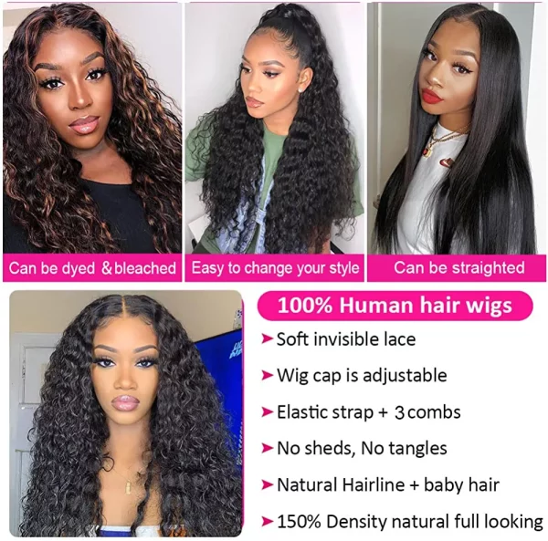 aliluner 30 inch Lace Front Wig Human Hair Deep Wave Pre Plucked Glueless 5x5 HD Lace Closure Human Hair Wigs for Black Women 150% Density Brazilian Curly Wig Natural Black - Image 5