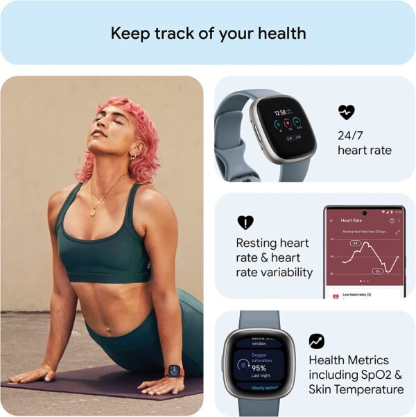 Fitbit Versa 4 Fitness Smartwatch with Daily Readiness, GPS, 24/7 Heart Rate, 40+ Exercise Modes, Sleep Tracking and more, Waterfall Blue/Platinum, One Size (S & L Bands Included) - Image 3