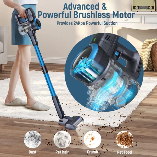 FABULETTA 24 Kpa Cordless Vacuum Cleaner - 6 in 1 Lightweight Stick Vacuum with Powerful Suction 250W Brushless Motor, for Pet Hair Carpet Hard Floor, Max 45 Min Runtime, Led Display, Blue - Image 3