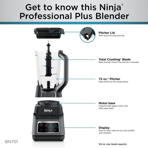 Ninja BN701 Professional Plus Bender, 1400 Peak Watts, 3 Functions for Smoothies, Frozen Drinks & Ice Cream with Auto IQ, 72-oz.* Total Crushing Pitcher & Lid, Dark Grey - Image 4