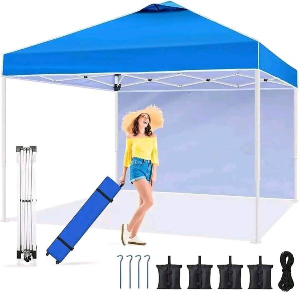 CROWN SHADES 10x10 Pop up Canopy Instant Commercial Canopy Including 1 Removable Sidewall, 4 Ropes, 8 Stakes, 4 Weight Bags, STO 'N Go Bag, Sky Blue