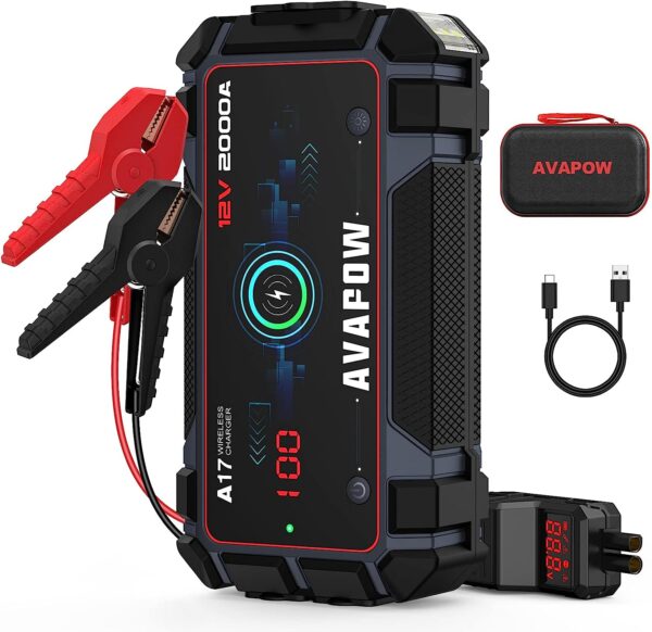 AVAPOW Car Jump Starter 2000A Peak Jump Boxes for Vehicles(12V 8L Gas/6.5L Diesel Engine) Equipped Fast Wireless Charging Jump Starter Battery Pack