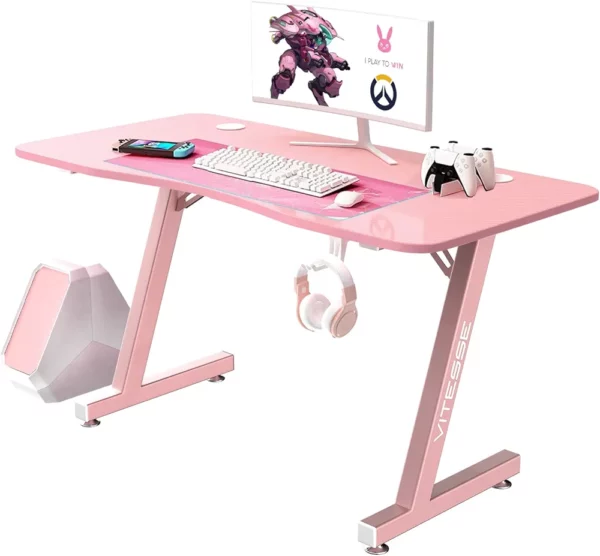 VITESSE Pink Gaming Desk, 40 inch Ergonomic Gaming Desk for Girls, Cute Kawaii Computer Desk, Gaming Tables with Headphone Hook…