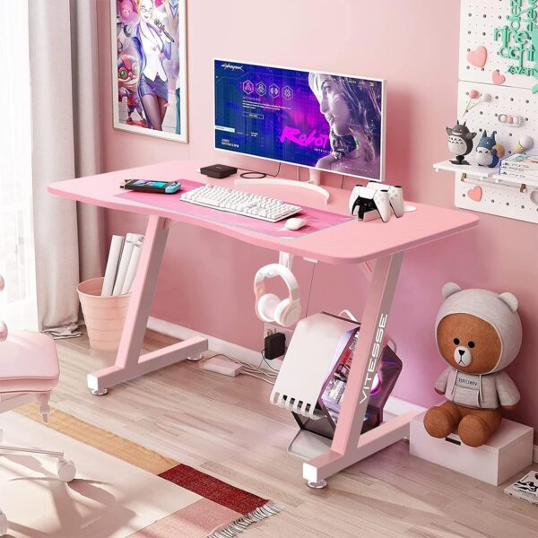 VITESSE Pink Gaming Desk, 40 inch Ergonomic Gaming Desk for Girls, Cute Kawaii Computer Desk, Gaming Tables with Headphone Hook… - Image 3