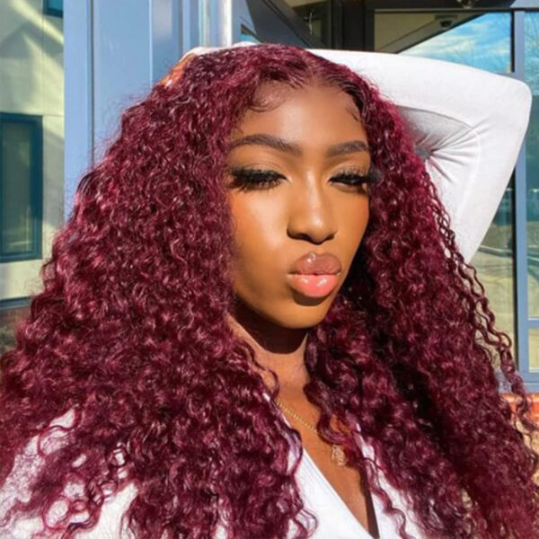 13x6 99J Burgundy Lace Front Wigs Human Hair Pre Plucked Curly HD Lace Front Wigs Glueless 150% Density Brazilian Human Virgin Hair Deep Wave Wigs for Black Women with Baby Hair (99j, 20 Inch) - Image 2