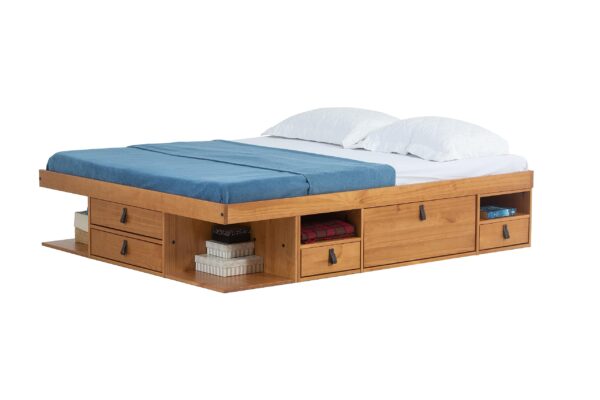 memomad Bali Storage Platform Bed with Drawers (Queen Size, Oak Brown Wood)