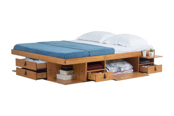 memomad Bali Storage Platform Bed with Drawers (Queen Size, Oak Brown Wood) - Image 4