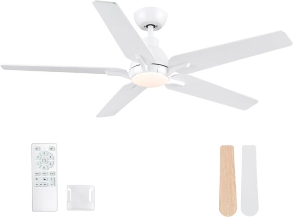 52 Inch Ceiling Fans with Lights, White Ceiling Fan with Remote, 5 Blade Modern Ceiling Fan for Bedroom, Living Room, Dining room, Patio, Dimmable 6 Speeds DC Quiet