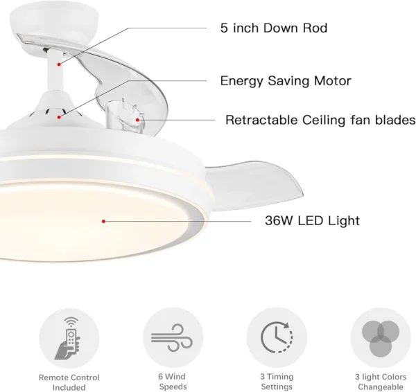 HABITRIO 42” Ceiling Fan with LED Light and Remote Control 6-speed Fan Blades Cooling Air Movement Energy Efficient DC motor, 3 Timing Options Function (White) - Image 5