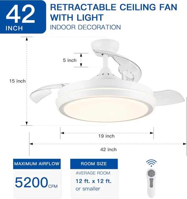 HABITRIO 42” Ceiling Fan with LED Light and Remote Control 6-speed Fan Blades Cooling Air Movement Energy Efficient DC motor, 3 Timing Options Function (White) - Image 2