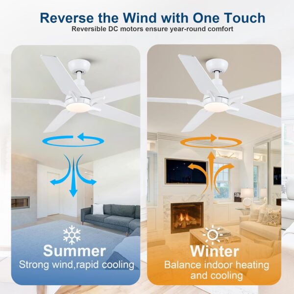 52 Inch Ceiling Fans with Lights, White Ceiling Fan with Remote, 5 Blade Modern Ceiling Fan for Bedroom, Living Room, Dining room, Patio, Dimmable 6 Speeds DC Quiet - Image 5