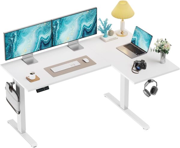 HUANUO L-Shaped Standing Desk, 63 x 40 inch Dual Motor Corner Standing Desk, Electric Height Adjustable Computer Desk with Cable Tray & 3 Preset Heights, Raising Desk for Home Office, White, HNESD109