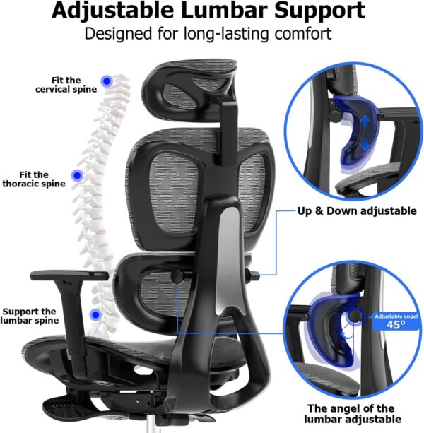 Ergonomic Mesh Office Chair with 3D Adjustable Armrest,High Back Desk Computer Chair Ergo3d Ergonomic Office Chair with Wheels for Home & Office Darkgrey - Image 5