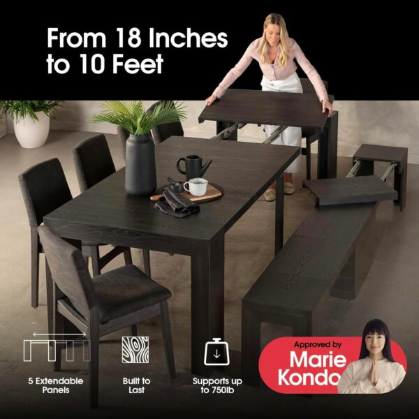 Transformer Table Dining Room Table for 2 to 12, Expandable Dining Table, Wood Black Dining Table, Extendable Kitchen Table, Space Saving Furniture (Black) - Image 5