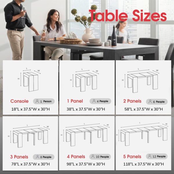 Transformer Table Dining Room Table for 2 to 12, Expandable Dining Table, Wood Black Dining Table, Extendable Kitchen Table, Space Saving Furniture (Black) - Image 7