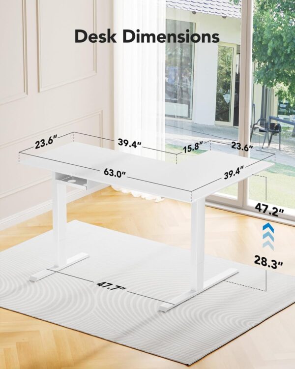 HUANUO L-Shaped Standing Desk, 63 x 40 inch Dual Motor Corner Standing Desk, Electric Height Adjustable Computer Desk with Cable Tray & 3 Preset Heights, Raising Desk for Home Office, White, HNESD109 - Image 3