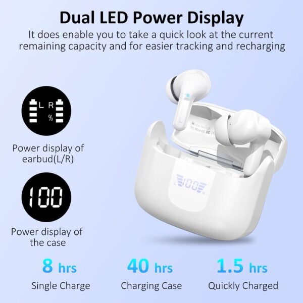 Wireless Earbuds, Bluetooth 5.3 Headphones in Ear with 4 ENC Noise Cancelling Mic, HiFi Stereo Deep Bass Wireless Earphones 40H Playtime, in-Ear Earbud Bluetooth Dual LED Display IP7 Waterproof, White - Image 2