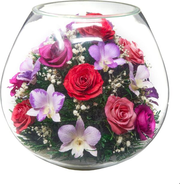 Premium Fresh Cut Preserved Flower Bouquet in a Sealed Glass Vase | Long Lasting Bouquet Orchids and Roses Stays Fresh for 5+ Years | No Water Needed | Unique Gift for Women