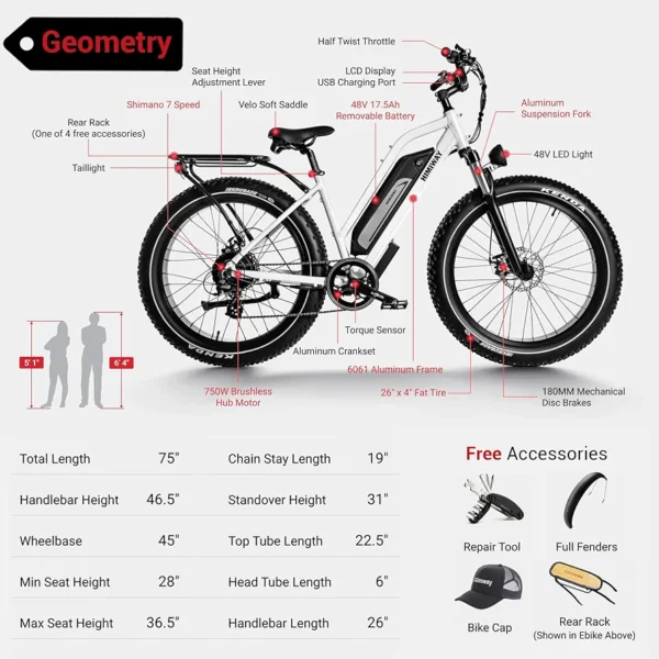 Himiway Cruiser Step-Thru Electric Bike & U Lock & Basket, 750W Peak Motor & 48V 17.5Ah Removable Battery Electric Bicycles, 26x4 Inch Adult E-Bike for Commuting, 25mph 60Miles, 7-Speed - Image 6