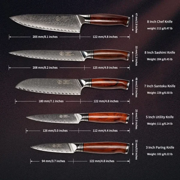 YARENH Professional Chef Knife Set 5 Piece, Damascus High Carbon Stainless Steel, Full Tang, Natural Sandalwood Handle, Ultra Sharp Kitchen Knife - Image 5