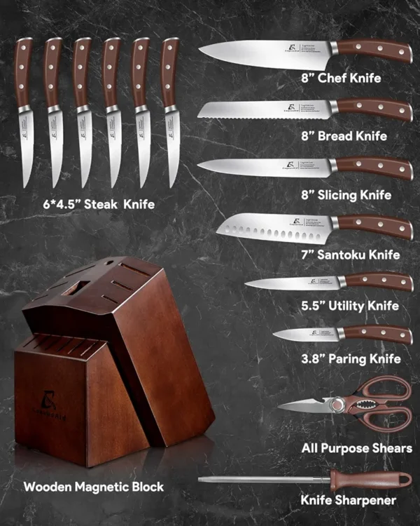 15 Pieces Kitchen Knife Set with Block+Paring Knife Set 2PCS Fruit & Vegetable - Image 2