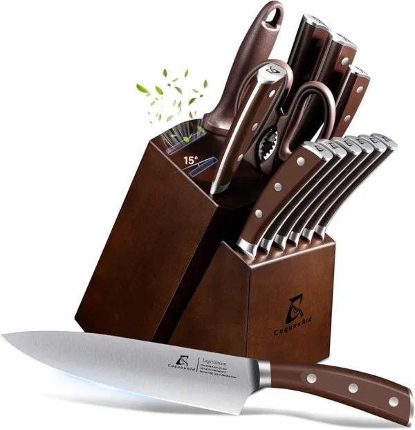 15 Pieces Kitchen Knife Set with Block+Paring Knife Set 2PCS Fruit & Vegetable