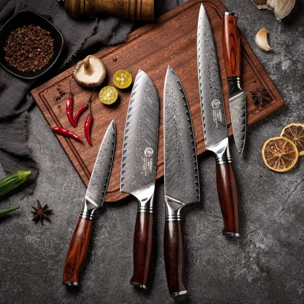 YARENH Professional Chef Knife Set 5 Piece, Damascus High Carbon Stainless Steel, Full Tang, Natural Sandalwood Handle, Ultra Sharp Kitchen Knife - Image 2