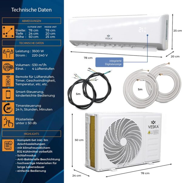 Split Air Conditioning Set with WiFi / App Function Air Conditioner - Cooling A++ / Heating A+ 12000 BTU/h (3,500 Watt) Refrigerant R32 - Remote Control, Timer Function Including Mounting Material - Image 2