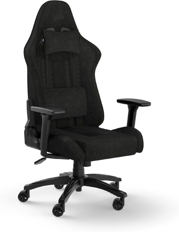 Corsair TC100 RELAXED Fauteuil Gaming - Tissu - Design Inspiré des Sports Automobiles - Coussin Lombaire - Coussin Repose-nuque Détachable en Mousse à Mémoire de Forme - Noir