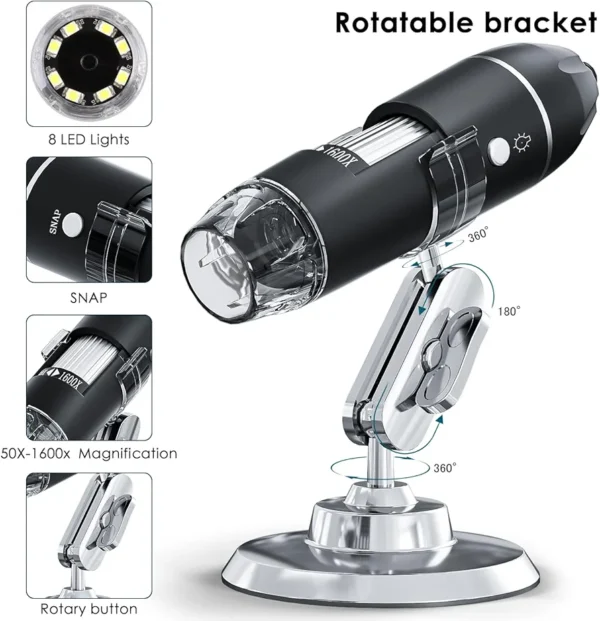 USB Digital Microscope Camera, Handheld HD Inspection Camera 50x-1600x Magnification with Adjustable Stand, 8 LED Lights, Portable Microscopes Compatible with iOS & Android Devices - Image 6