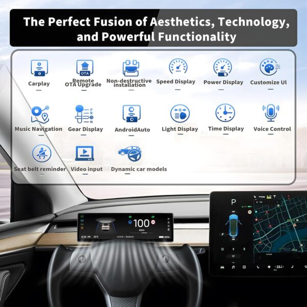 Head up display for Tesla model y/3 carplay android auto instrument cluster, Front camera, 8.8"Ultra Thin screen, No block AC-Vent, Auto Pilot Nag, Blind spot warning, OTA online, Sync-Info - Image 3