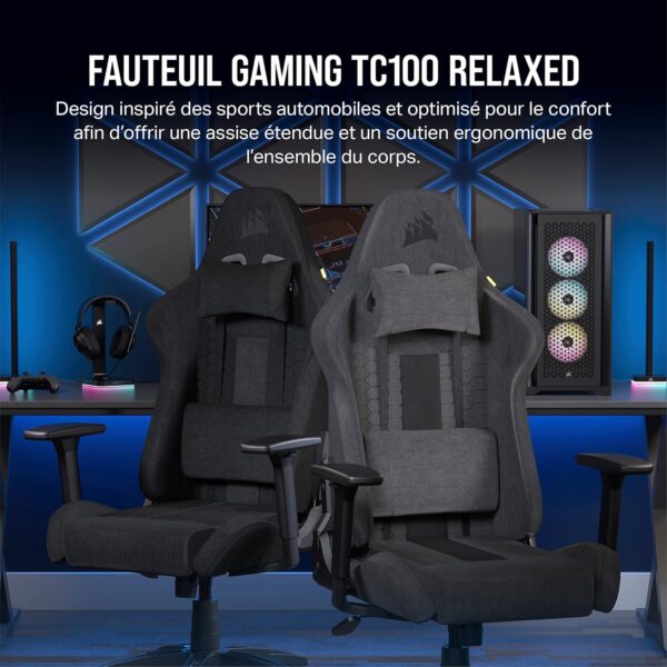 Corsair TC100 RELAXED Fauteuil Gaming - Tissu - Design Inspiré des Sports Automobiles - Coussin Lombaire - Coussin Repose-nuque Détachable en Mousse à Mémoire de Forme - Noir - Image 2