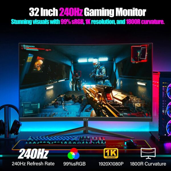 ZZA 32" Curved Gaming Monitor, FHD 1920x1080, VA, 1ms 240Hz, FreeSync Premium, 2xDP 1.4/2xHDMI 2.0, VESA Compatible, Tilt Adjustable - Image 7