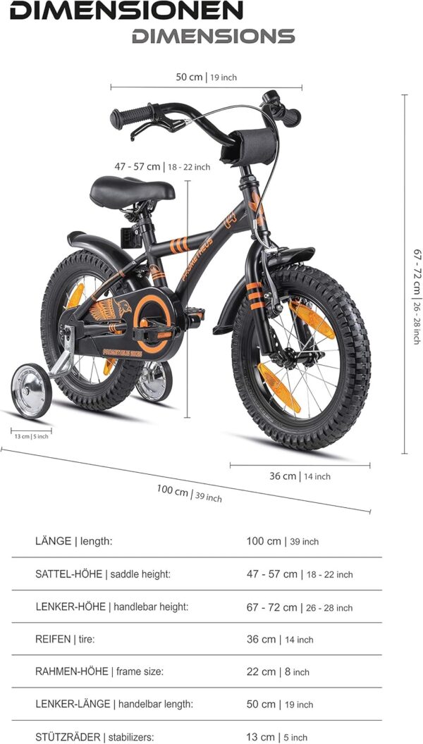 PROMETHEUS BICYCLES Children's Bicycle 14 Inch from 4 Years – Children's Bicycle Girls Boys Bicycle Children with Stabilisers Coaster Brake in Black Matt Orange - Image 6